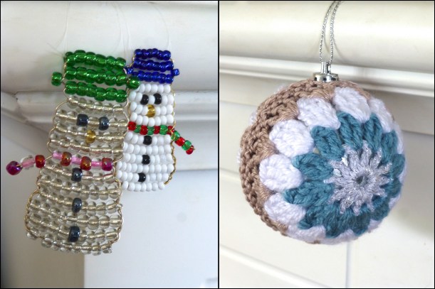 crochet bauble beaded snowmen